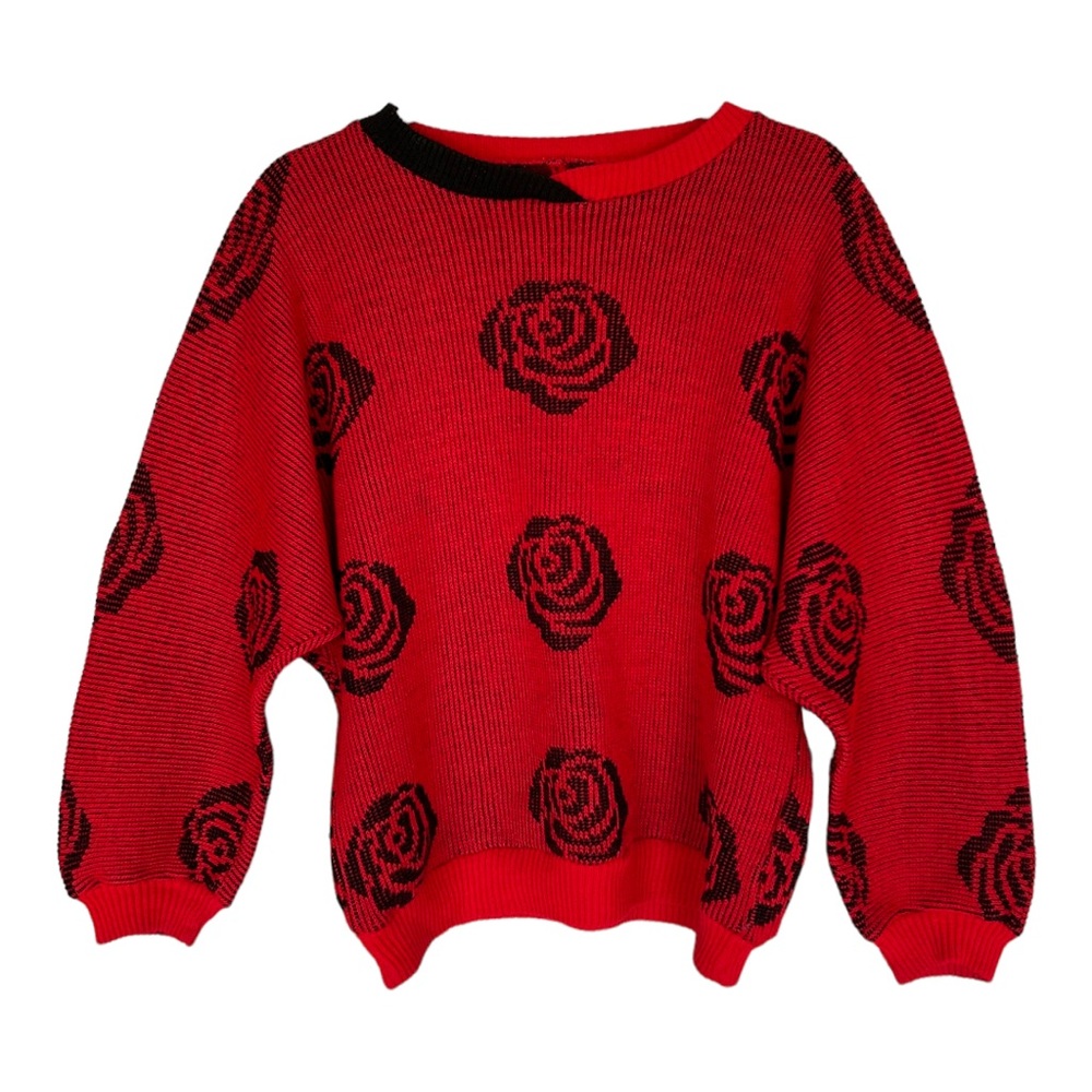 Mara Women’s Red‎ Black Roses Floral Dolman Sleeve Sweater  Sz L